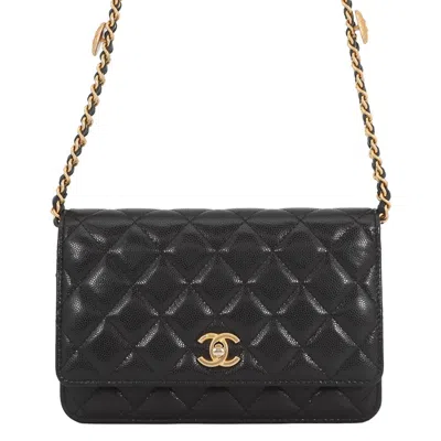 Pre-owned Chanel Black Grained Calfskin Chain/shoulder Wallet ()
