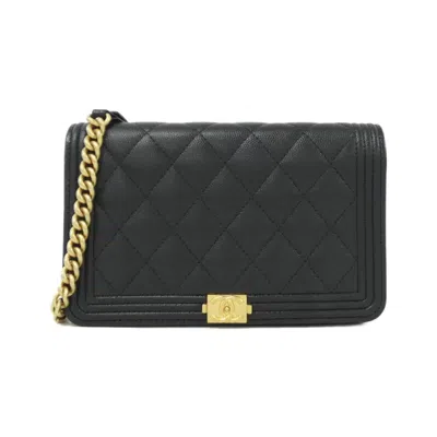 Pre-owned Chanel Black Grained Calfskin Chain/shoulder Wallet ()