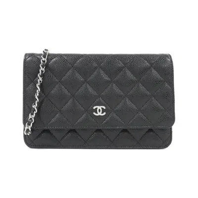 Pre-owned Chanel Black Grained Calfskin Chain/shoulder Wallet ()