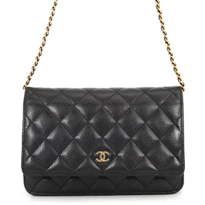 Pre-owned Chanel Black Grained Calfskin Chain/shoulder Wallet ()