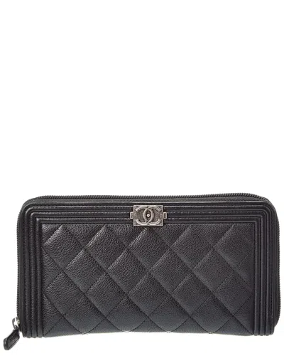 Pre-owned Chanel Black Grained Calfskin Leather Boy Zip Around Organizer Wallet (authentic Pre-loved)
