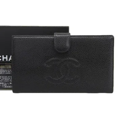Pre-owned Chanel Black Grained Calfskin Long Wallet (bi-fold) ()