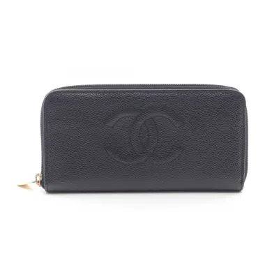 Pre-owned Chanel Black Grained Calfskin Long Wallet (bi-fold) ()