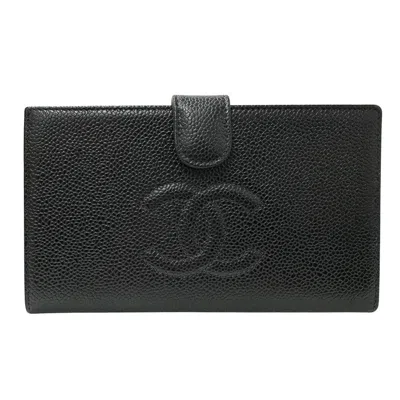 Pre-owned Chanel Black Grained Calfskin Long Wallet (bi-fold) ()