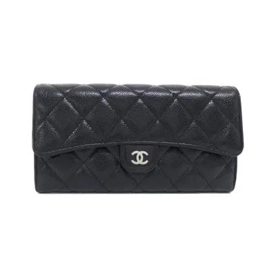 Pre-owned Chanel Black Grained Calfskin Long Wallet (bi-fold) ()