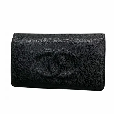 Pre-owned Chanel Black Grained Calfskin Long Wallet (bi-fold) ()