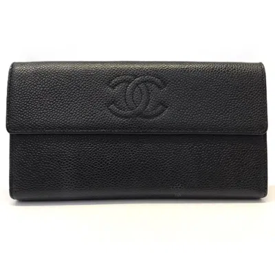 Pre-owned Chanel Black Grained Calfskin Long Wallet (bi-fold) ()