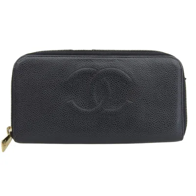Pre-owned Chanel Black Grained Calfskin Long Wallet (bi-fold) ()