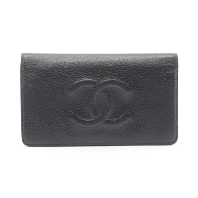 Pre-owned Chanel Black Grained Calfskin Long Wallet (bi-fold) ()