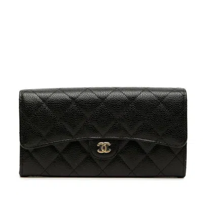 Pre-owned Chanel Black Grained Calfskin Long Wallet (bi-fold) ()