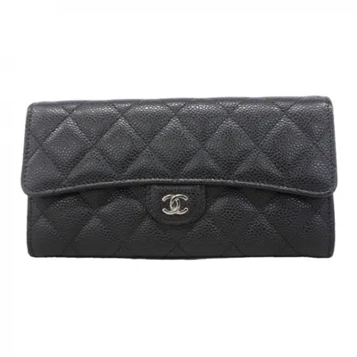 Pre-owned Chanel Black Grained Calfskin Long Wallet (bi-fold) ()
