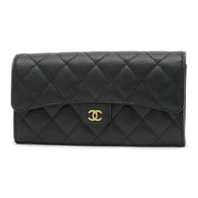 Pre-owned Chanel Black Grained Calfskin Long Wallet (tri-fold) ()