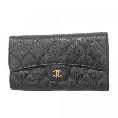 Pre-owned Chanel Black Grained Calfskin Long Wallet (tri-fold) ()