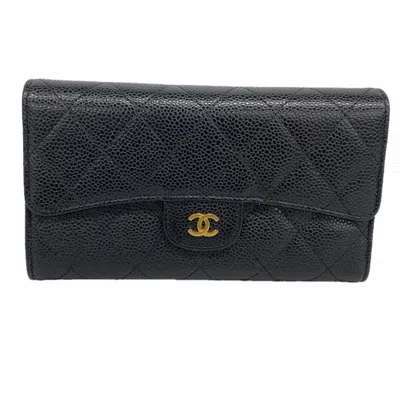 Pre-owned Chanel Black Grained Calfskin Long Wallet (tri-fold) ()