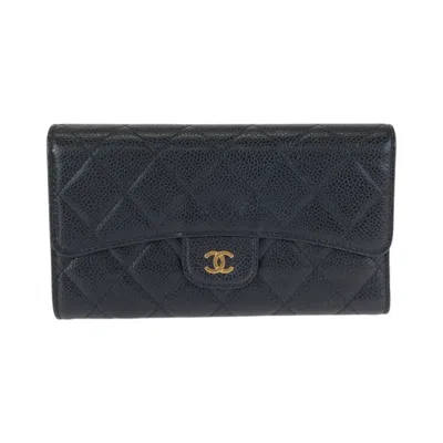 Pre-owned Chanel Black Grained Calfskin Long Wallet (tri-fold) ()