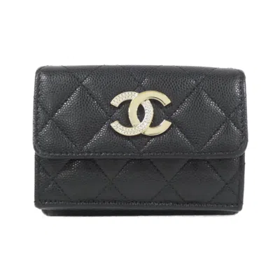 Pre-owned Chanel Black Grained Calfskin Wallet (tri-fold) ()