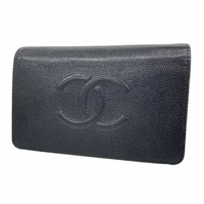 Pre-owned Chanel Black Grained Calfskin Wallet (tri-fold) ()