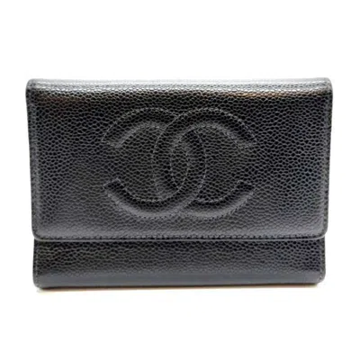 Pre-owned Chanel Black Grained Calfskin Wallet (tri-fold) ()