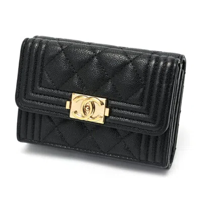 Pre-owned Chanel Black Grained Calfskin Wallet (tri-fold) ()
