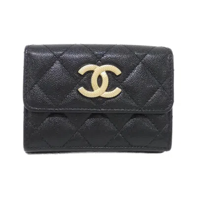 Pre-owned Chanel Black Grained Calfskin Wallet (tri-fold) ()