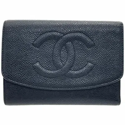 Pre-owned Chanel Black Grained Calfskin Wallet (tri-fold) ()