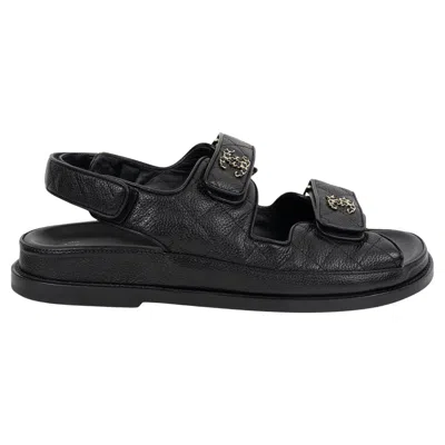 Pre-owned Chanel Black Grained Leather Rev Dad Sandals Shoes 38.5