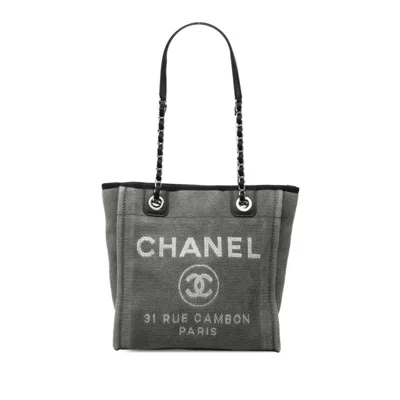 Pre-owned Chanel Black Gray Canvas Leather Shoulder Bag Tote Bag () In Black, Gray