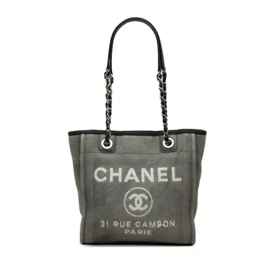 Pre-owned Chanel Black Gray Canvas Leather Shoulder Bag Tote Bag () In Black, Gray