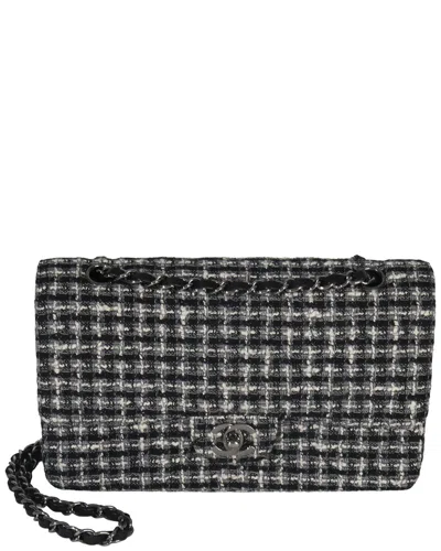 Pre-owned Chanel Black; Gray; White Fabric Tweed Quilted Medium Classic Double Flap  (authentic Pre-loved)