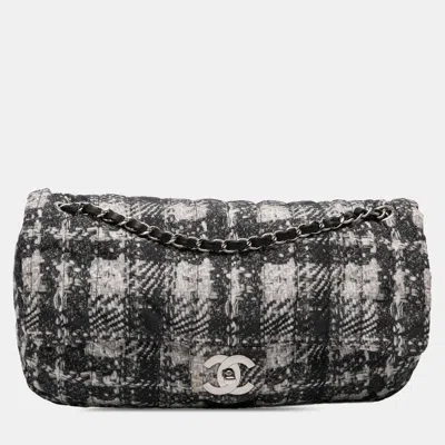 Pre-owned Chanel Black Grey Cc Tweed Print Nylon Single Flap