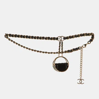 Pre-owned Chanel Black Hula Hoop Compact Charm Leather Gold Tone Waist Belt