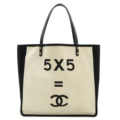 Pre-owned Chanel Black Ivory Canvas Leather Shoulder Bag Tote Bag () In Multi