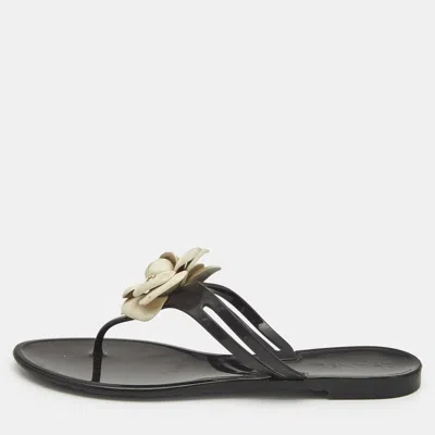 Pre-owned Chanel Black Jelly Camellia Embellished Cc Thong Flat Slides Size 39
