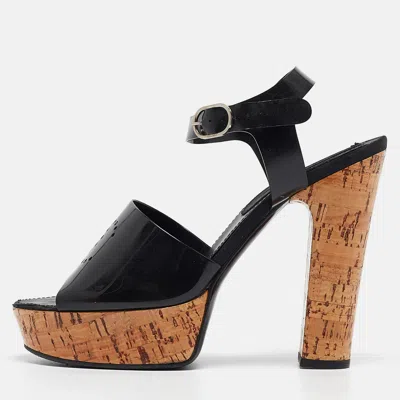 Pre-owned Chanel Black Jelly Cc Cork Platform Ankle Strap Sandals Size 39