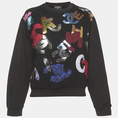 Pre-owned Chanel Black Jersey Multicolor Cc Logo Detail Sweatshirt M