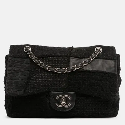 Pre-owned Chanel Black Jumbo Patchwork Tweed Flap