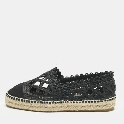 Pre-owned Chanel Black Jute And Canvas Cc Cap Toe Espadrilles Flats Size 37