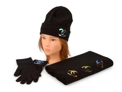 Pre-owned Chanel Black Knit Hat Glove Scarf Set