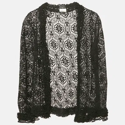 Pre-owned Chanel Black Lace Ruffled Open Front Cardigan M