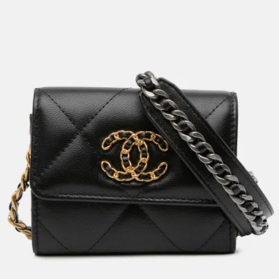 Pre-owned Chanel Black Lambskin 19 Flap Coin Purse With Chain