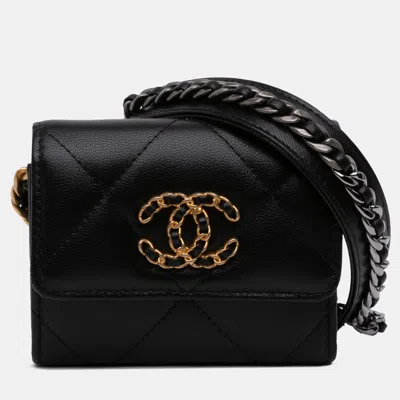 Pre-owned Chanel Black Lambskin 19 Flap Coin Purse With Chain