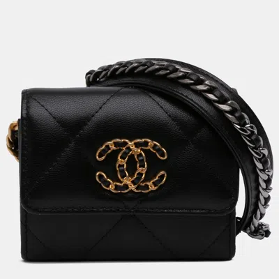 Pre-owned Chanel Black Lambskin 19 Flap Coin Purse With Chain