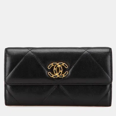 Pre-owned Chanel Black Lambskin 19 Flap Long Wallet