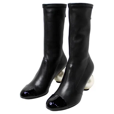 Pre-owned Chanel Black Lambskin & Patent Leather Mid-calf Pearl Logo Heel Boots