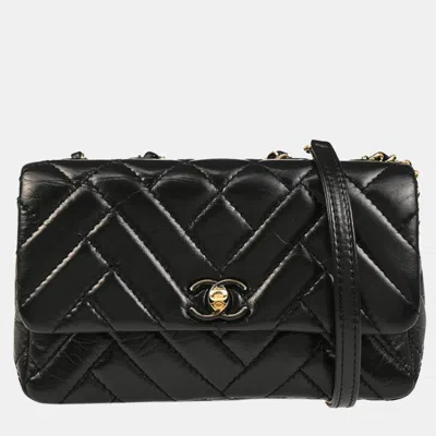 Pre-owned Chanel Black Lambskin Bias Stitch Straight Flap Shoulder Bag
