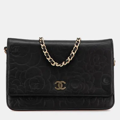 Pre-owned Chanel Black Lambskin Camellia Embossed Wallet On Chain