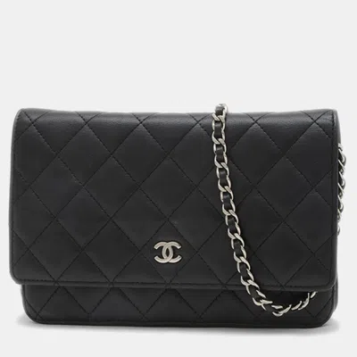 Pre-owned Chanel Matelasse Chain Wallet Black Lambskin