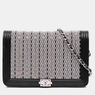 Pre-owned Chanel Black Lambskin Crystal Studded Boy Wallet On Chain