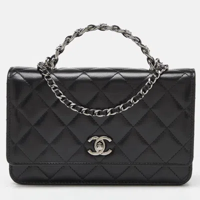 Pre-owned Chanel Black Lambskin Leather Chain Top Handle Bag