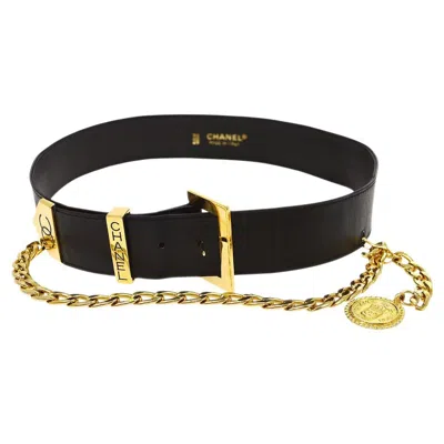 Pre-owned Chanel Black Lambskin Leather Gold Metal Logo Charm Chain Link Waist Belt